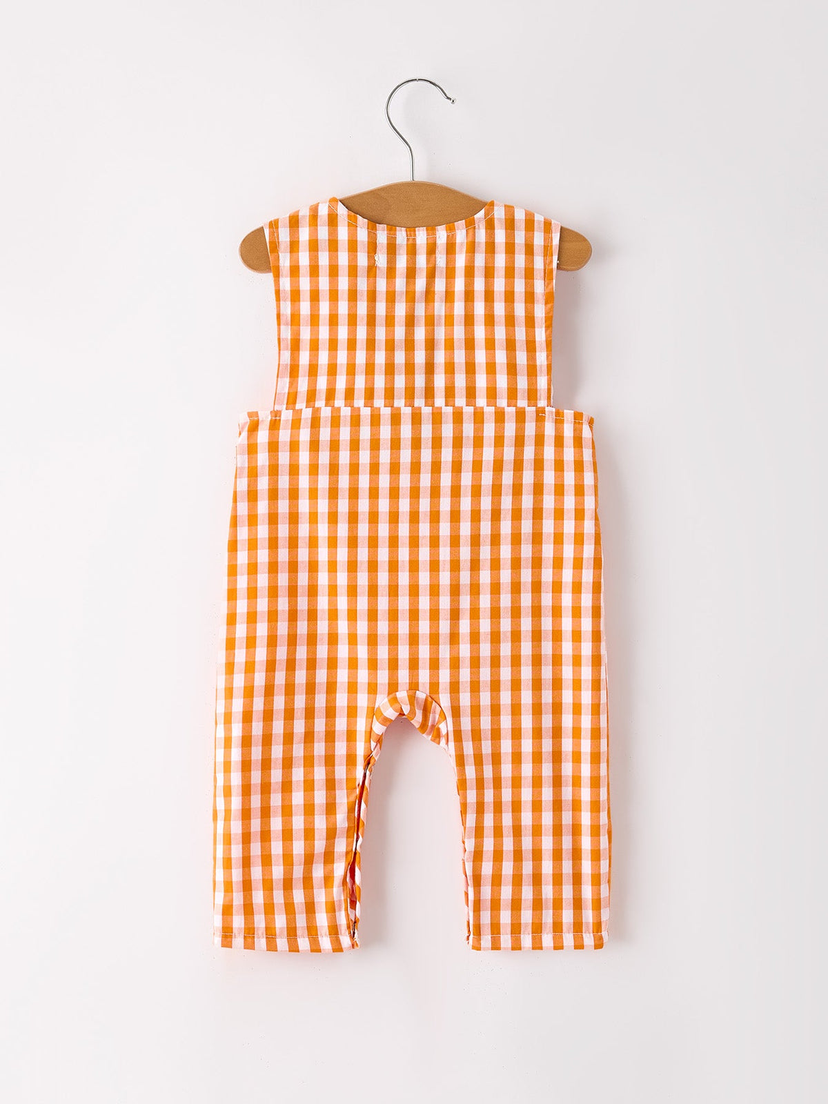 Orange gingham baby romper with embroidered front panel and leg snaps