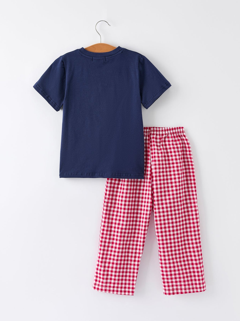 Boys navy crewneck T-shirt and red gingham plaid pants set on hanger, studio view