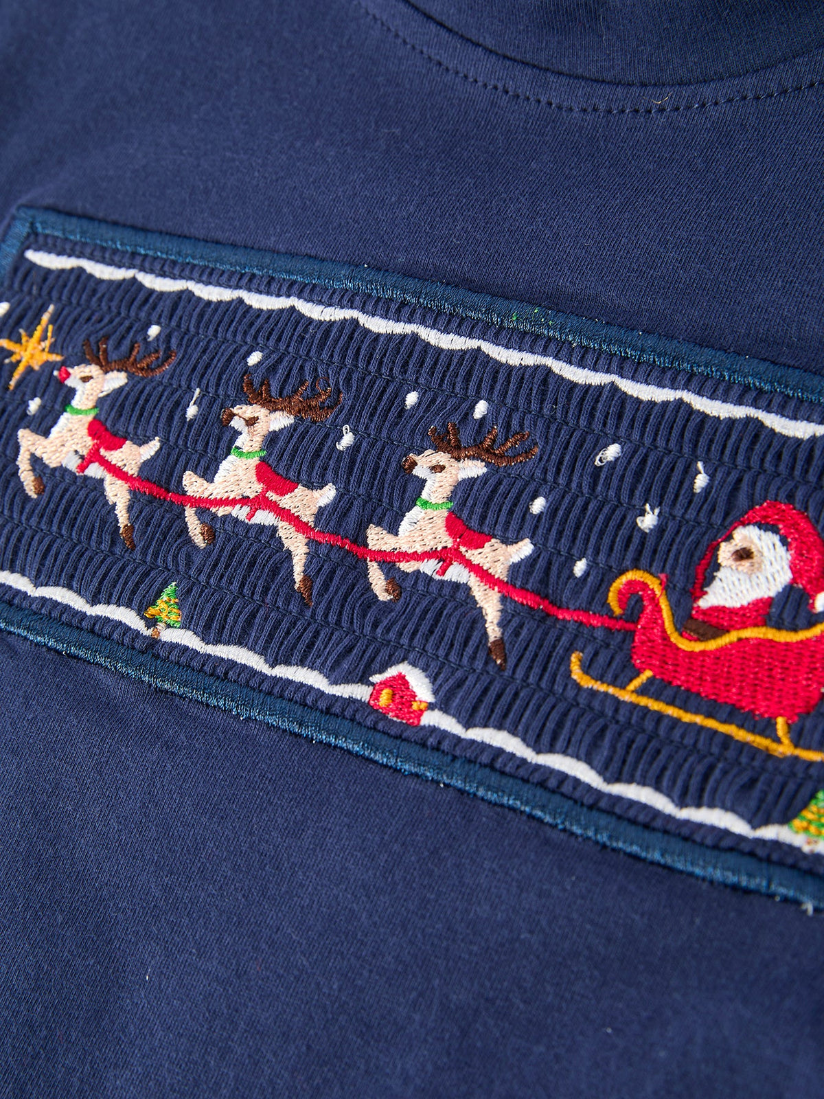Navy boys T-shirt with embroidered festive scene along hem, Santa sleigh graphic