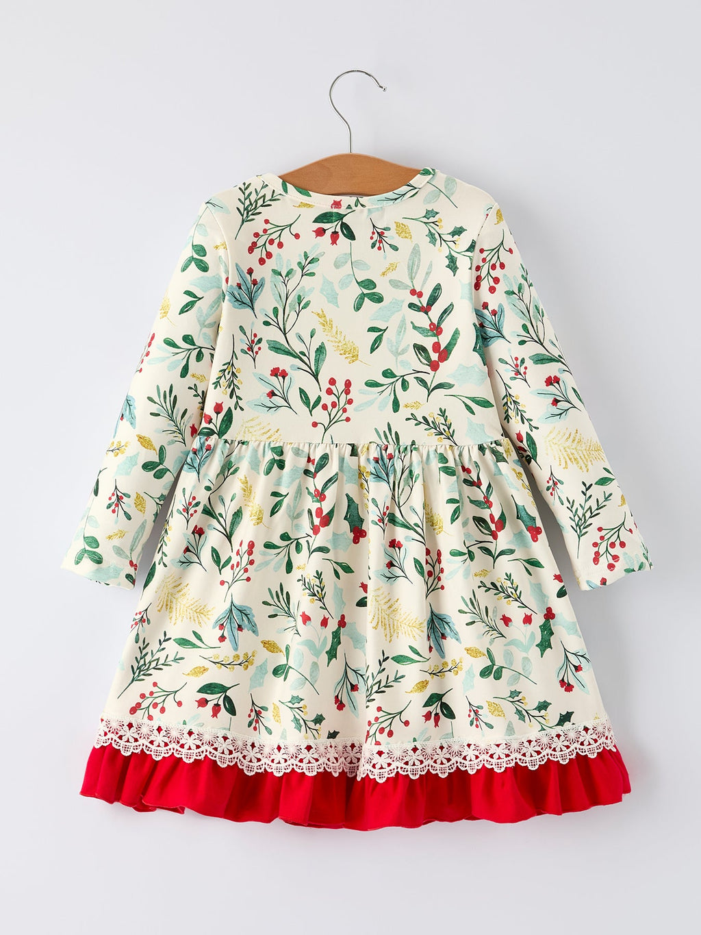 Toddler Christmas dress, cream with holiday floral print, long sleeves, red lace-trim hem