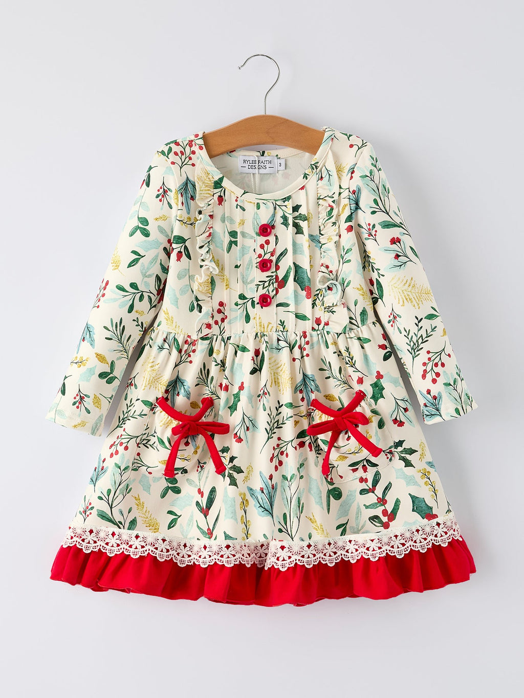 Cream toddler Christmas dress, long sleeves, holiday floral print, red bow pockets