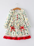 Cream toddler Christmas dress, long sleeves, holiday floral print, red bow pockets