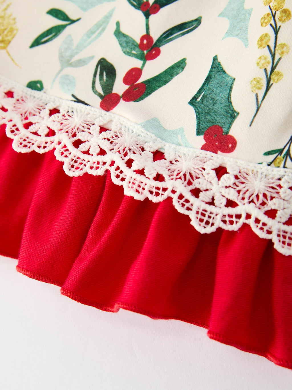 Toddler Christmas dress hem: red ruffle skirt with white lace trim over cream floral print