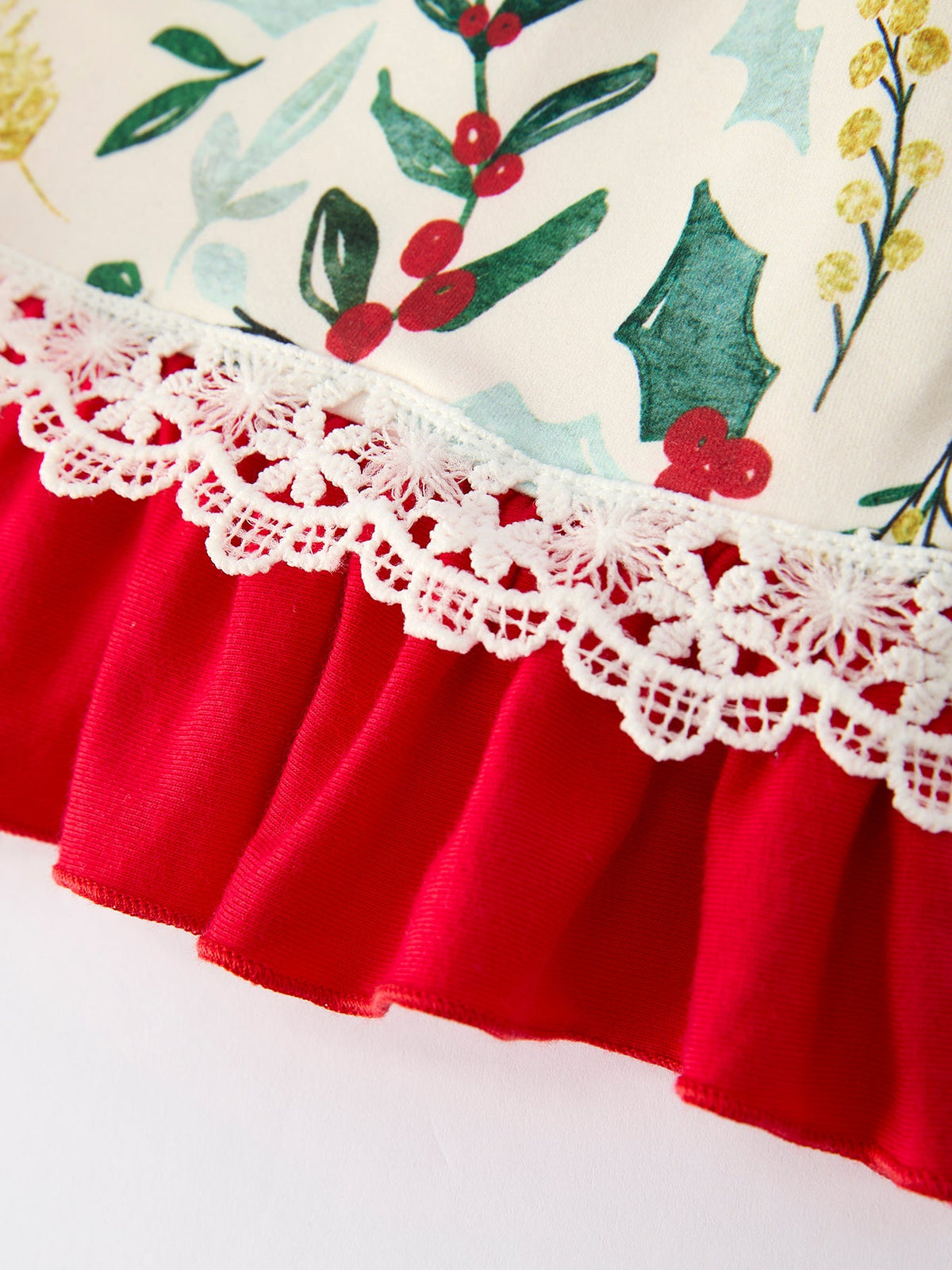 Toddler Christmas dress hem: red ruffle skirt with white lace trim over cream floral print