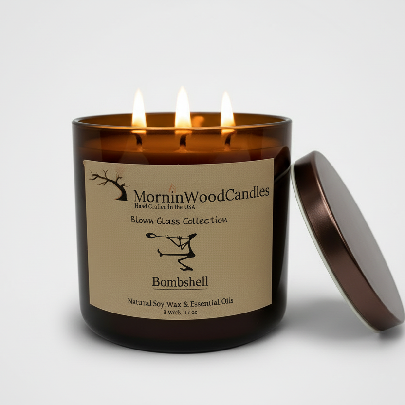 Amber blown-glass 3-wick soy candle with centered label