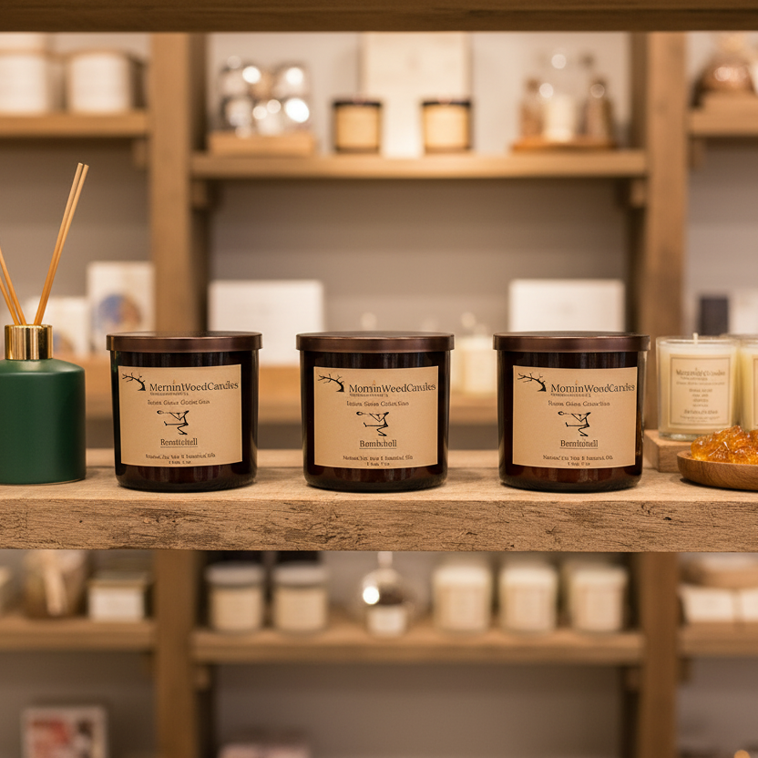 Three amber blown-glass 3-wick soy candles on a wooden shelf