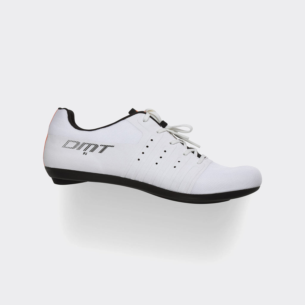 White road cycling shoe with lace-up closure and black logo details