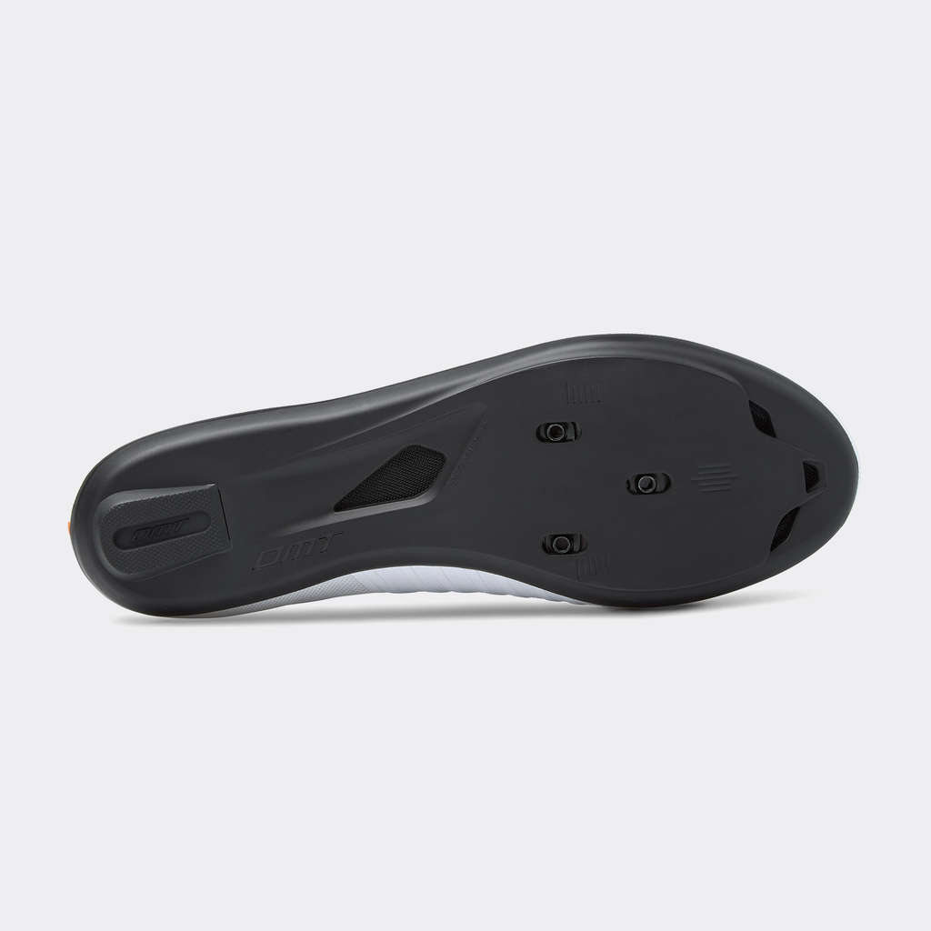 Black road cycling shoe outsole view with traction tread and molded studs