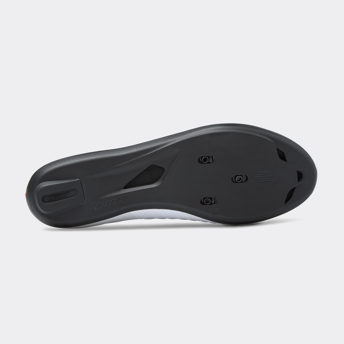 Black road cycling shoe outsole view with traction tread and molded studs