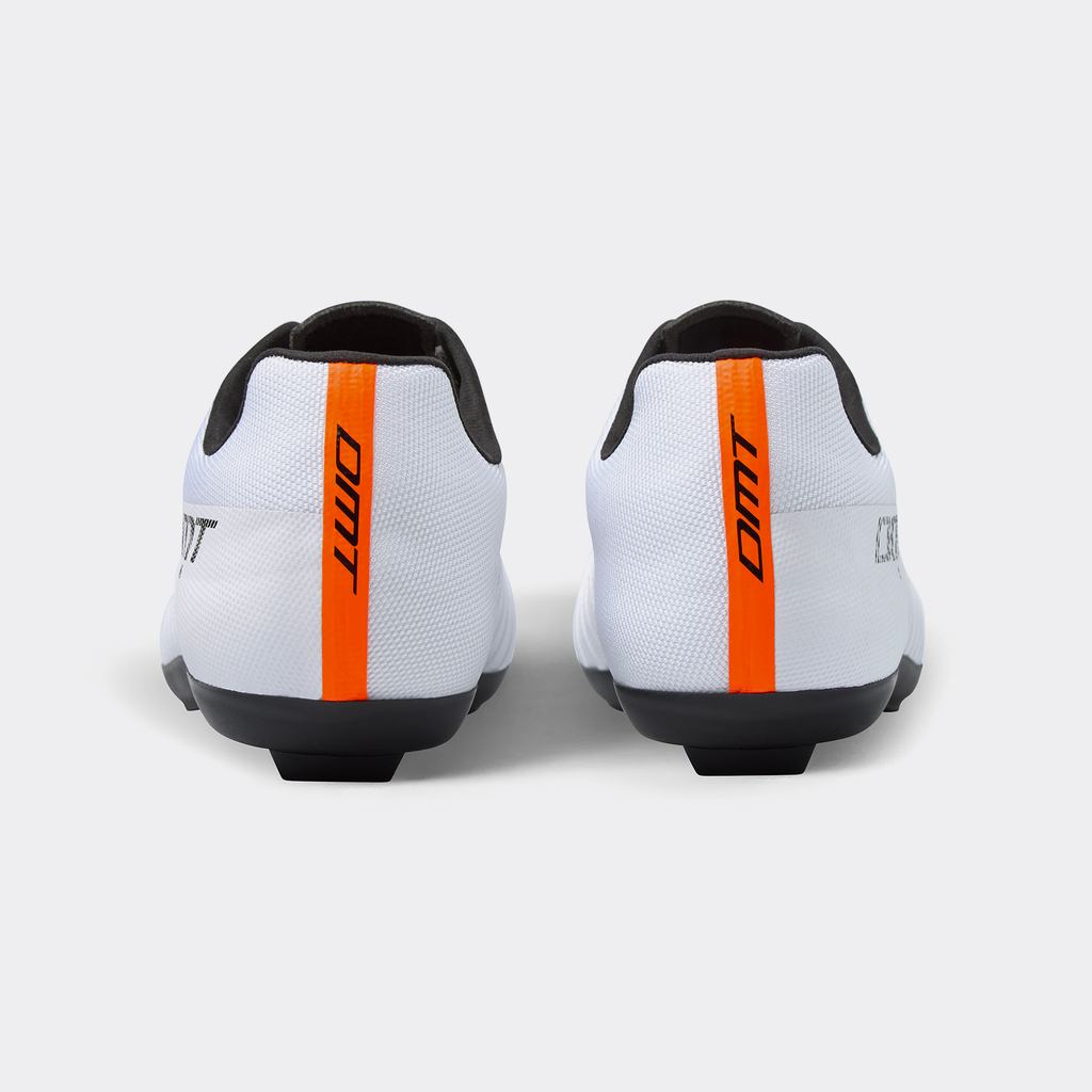 White road cycling shoe with orange vertical heel stripe and lace-up rear view