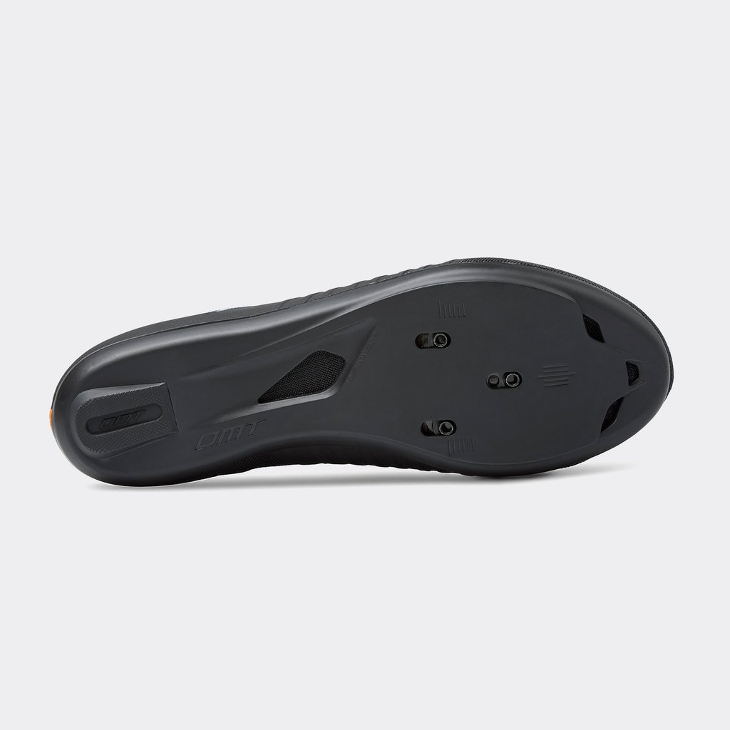 Black road cycling shoe outsole, textured grip tread and vented traction pods