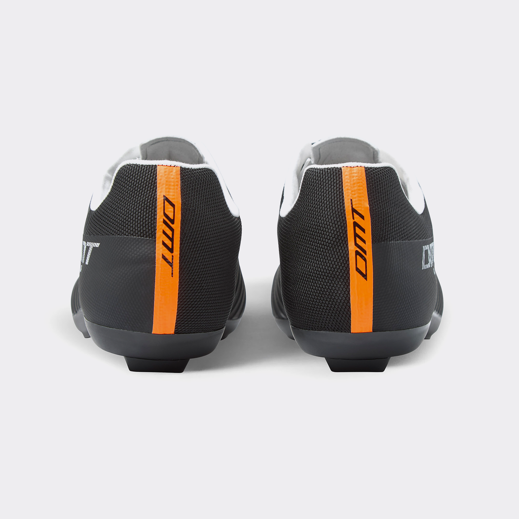 DMT KR4 PJ road shoe, back view with orange heel stripe and black tread
