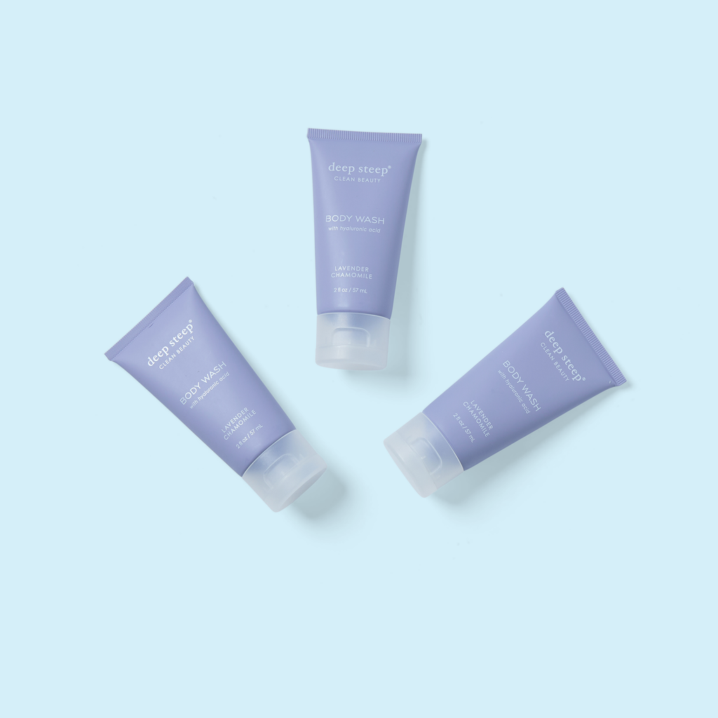 Deep sleep body wash tubes in light purple with screw caps