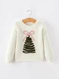 Cream knit girls pullover sweater with Christmas tree graphic and pink bow