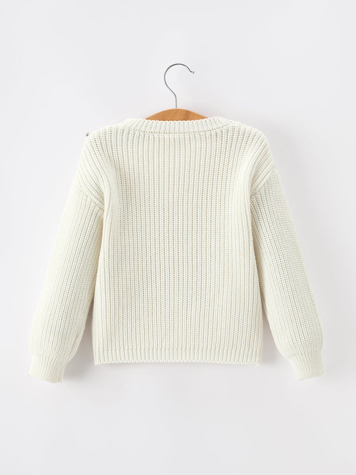 Cream knit girls pullover sweater, back view with ribbed crew neckline