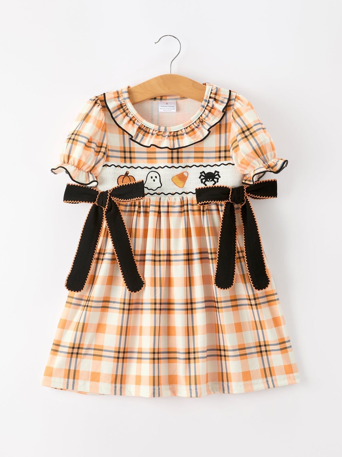 Halloween plaid girls dress with smocked waist, ruffled collar, and short sleeves