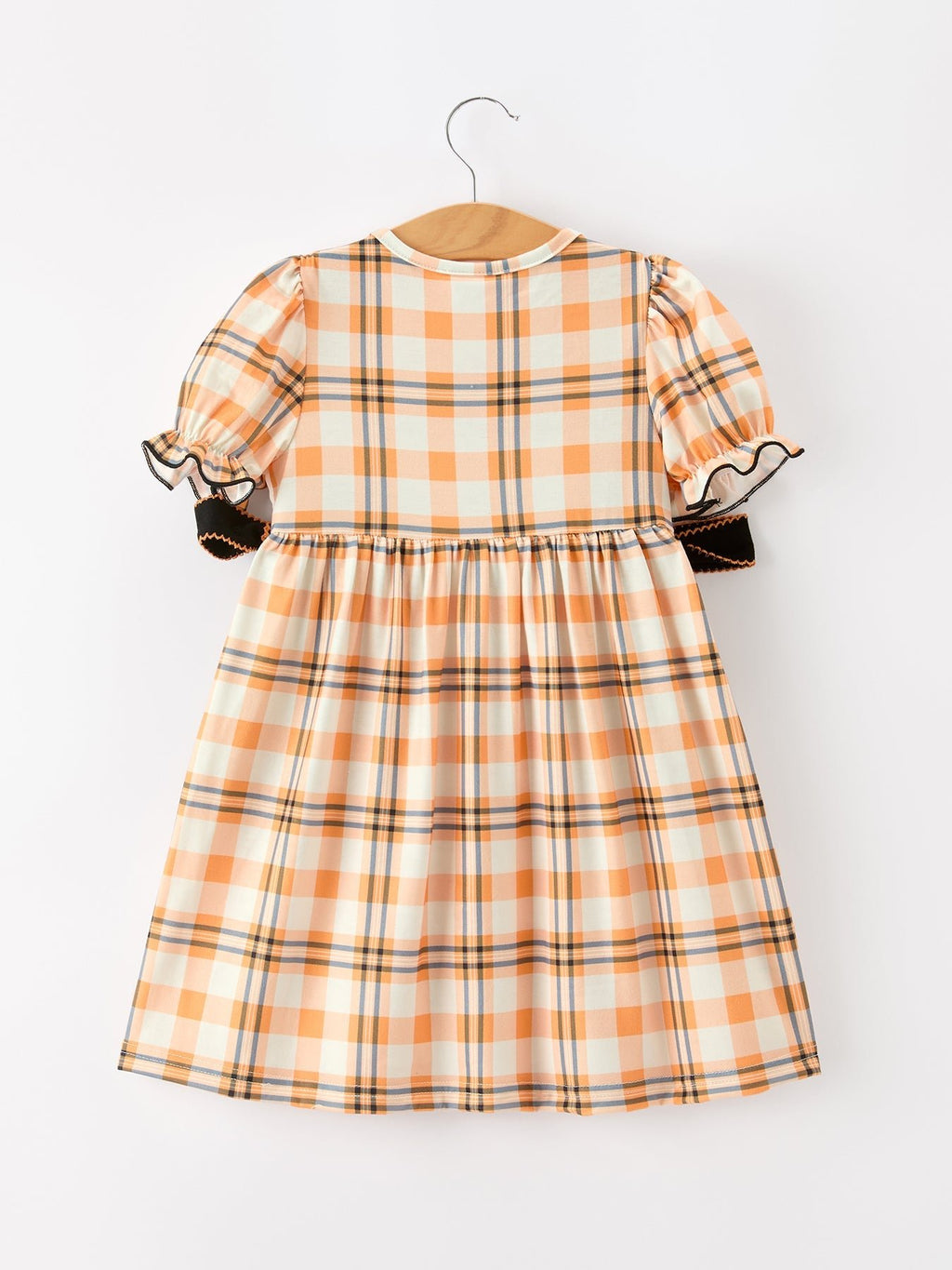 Girls plaid Halloween dress, short sleeves with gathered yoke and skirt