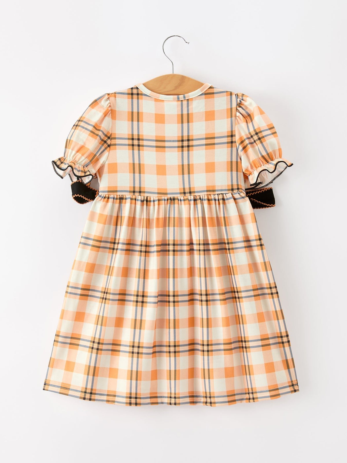 Girls plaid Halloween dress, short sleeves with gathered yoke and skirt