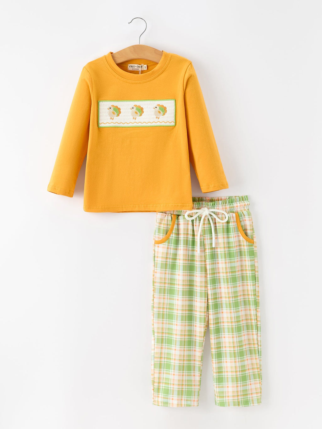 Boys turkey smocked pant set: yellow long-sleeve shirt with embroidered turkey panel