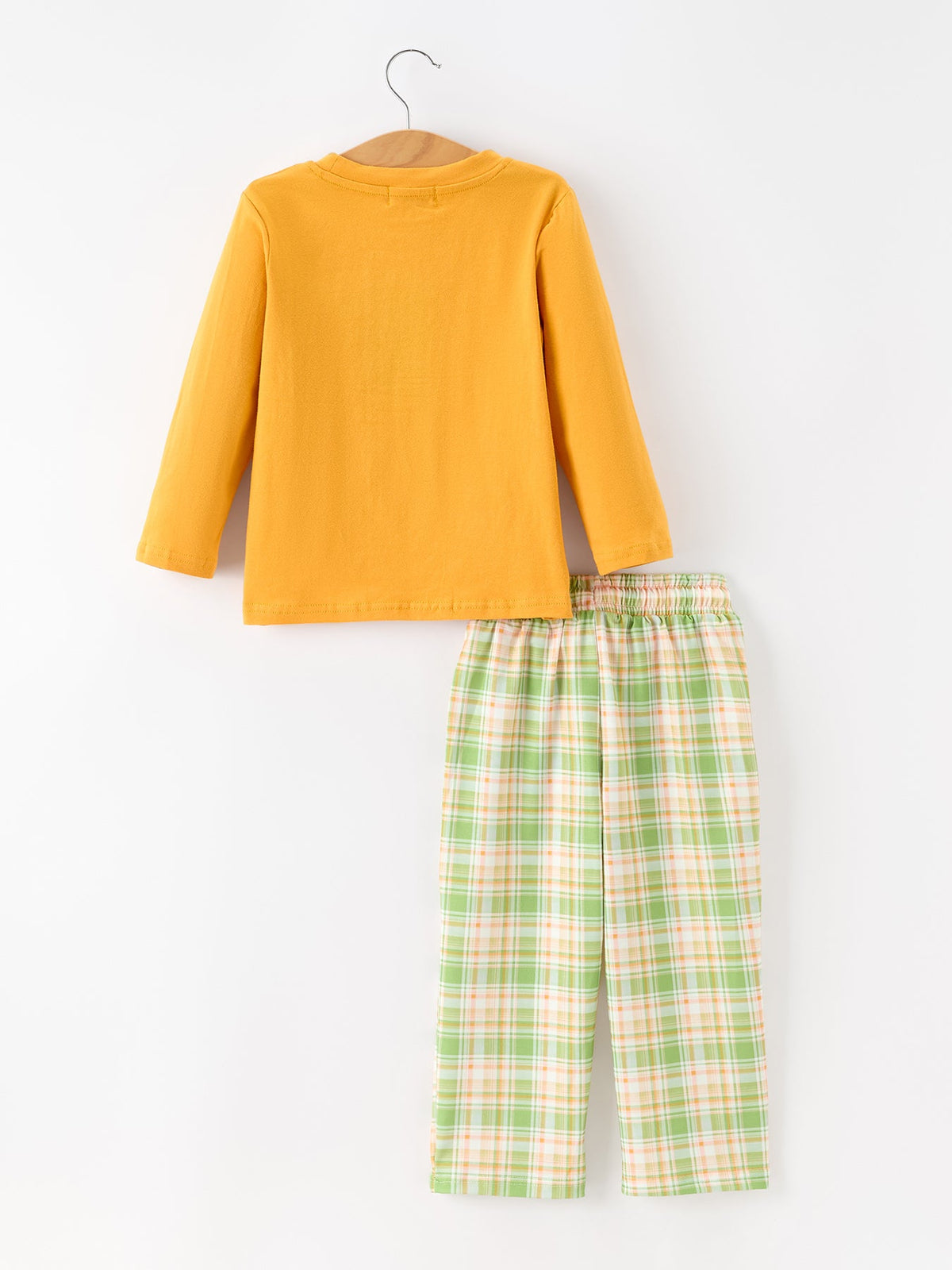 Boys turkey pant set with yellow long-sleeve top and green plaid smocked waist pants