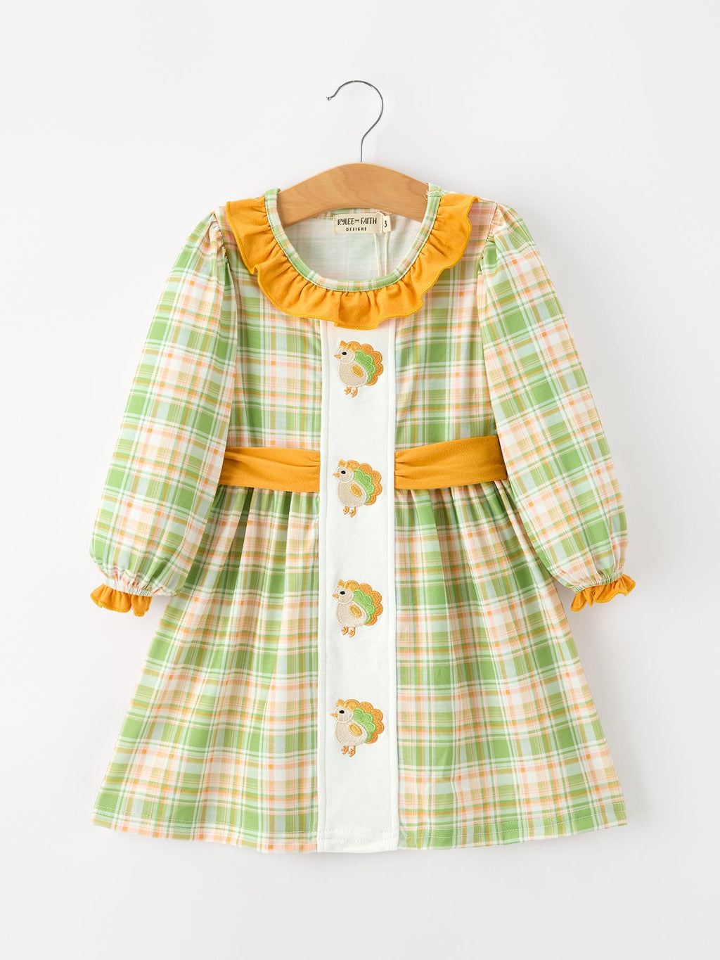 Girls long-sleeve plaid dress with turkey applique and orange ruffle collar
