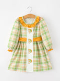 Girls long-sleeve plaid dress with turkey applique and orange ruffle collar