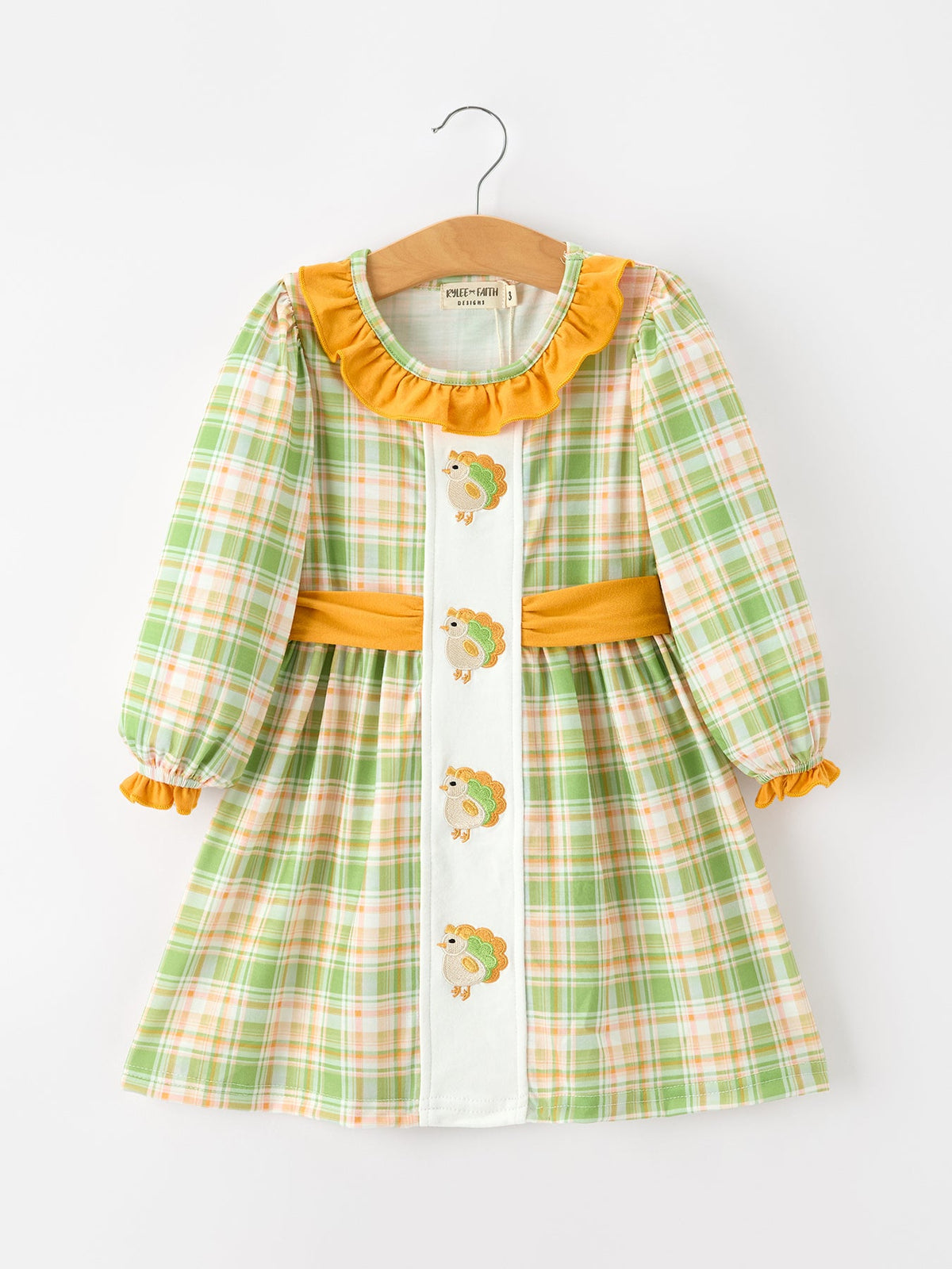 Girls long-sleeve plaid dress with turkey applique and orange ruffle collar