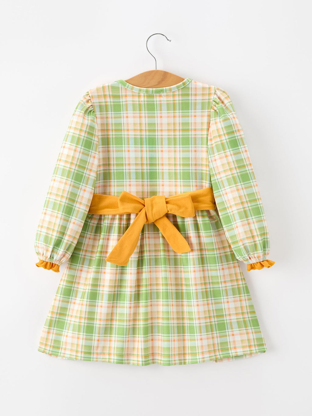 Girls long-sleeve plaid dress with back bow waist detail