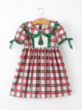 Girls plaid dress with green Peter Pan collar, tree applique on white panel