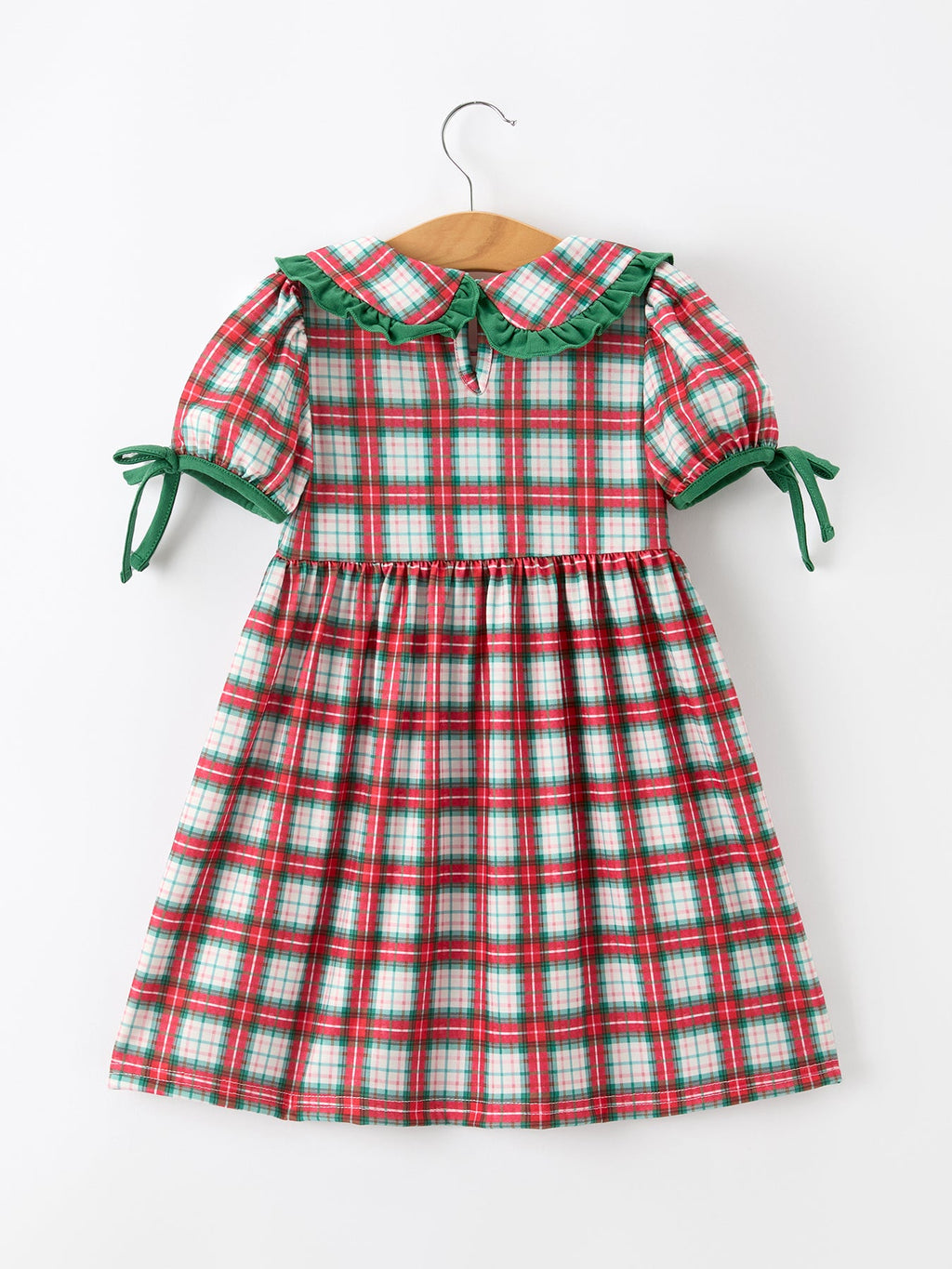 Girls plaid Christmas dress with green ruffled collar and tied sleeve bows