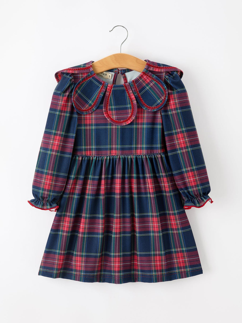 Girl plaid long-sleeve dress on hanger, petal collar, red navy green plaid
