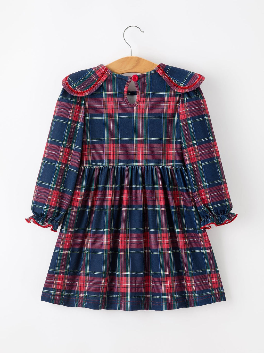 Girl plaid long-sleeve dress back on hanger, red navy green plaid