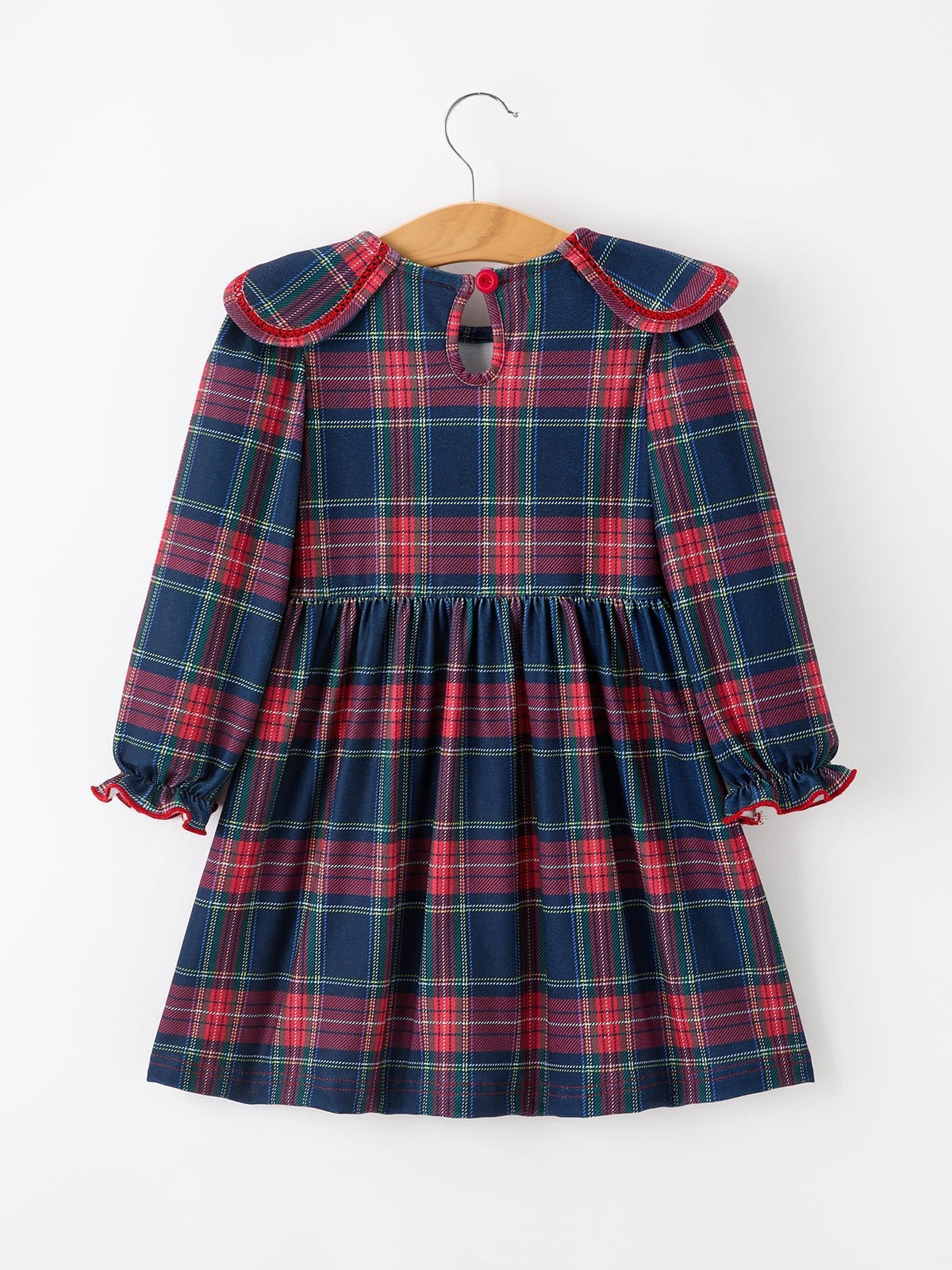 Girl plaid long-sleeve dress back on hanger, red navy green plaid