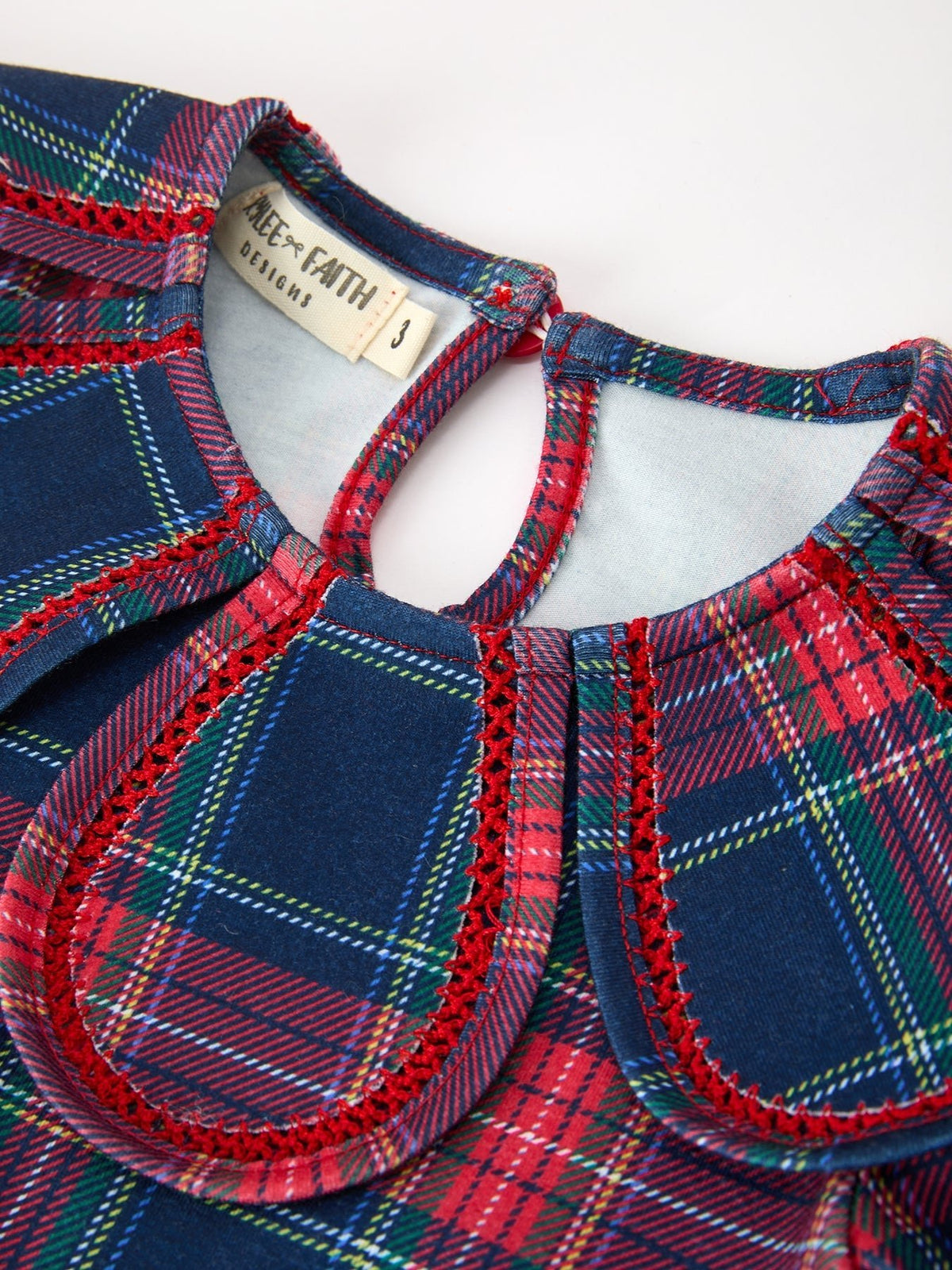 Plaid dress neckline with petal collar and Alex Faith tag, red navy green plaid