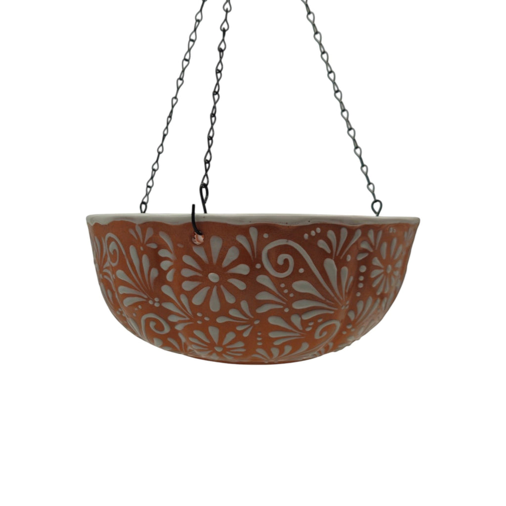 Brown and white Talavera hanging ceramic planter bowl with white floral motifs