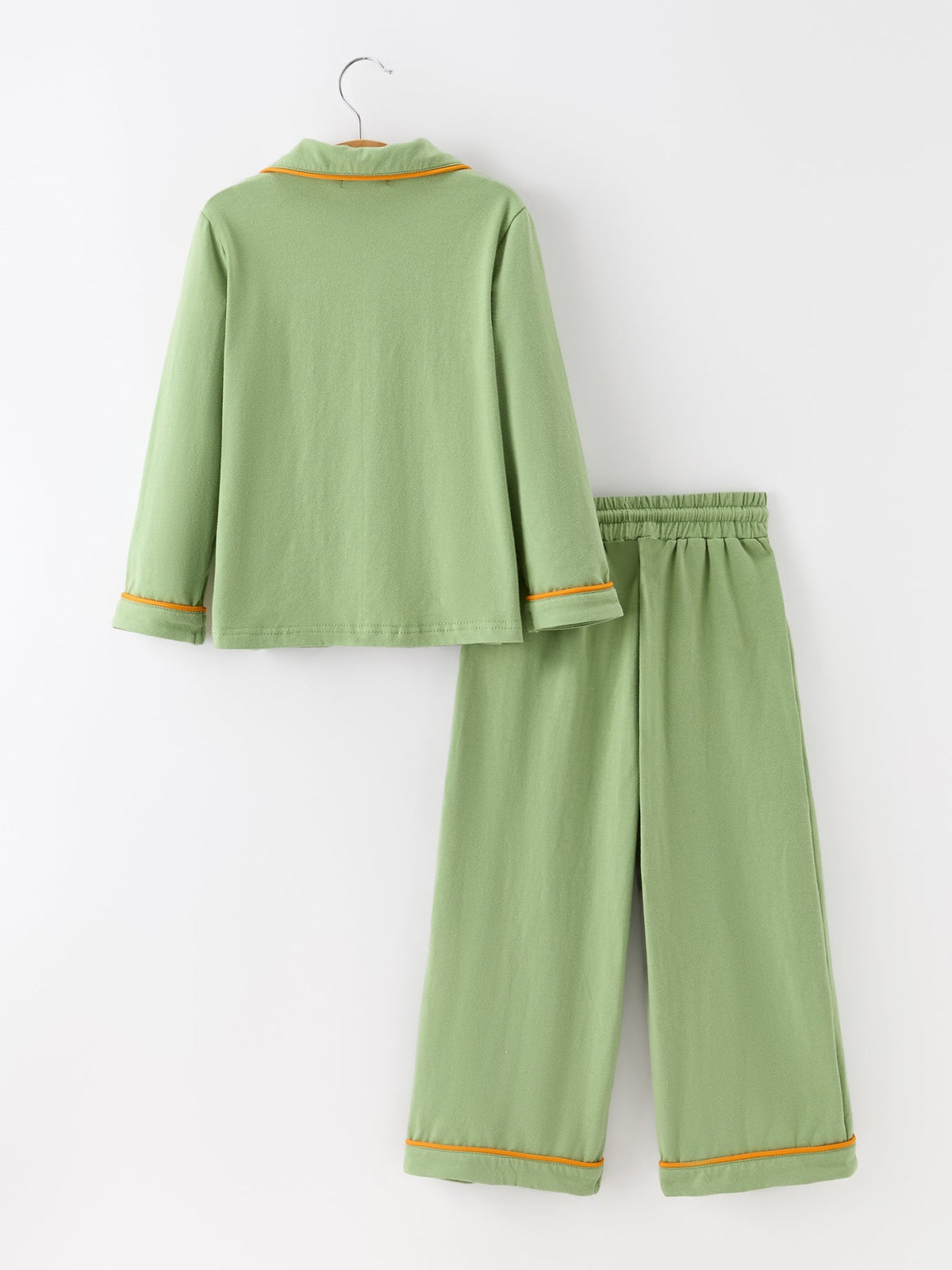 Kids' green pajama set with button-front top and drawstring wide-leg pants, back view