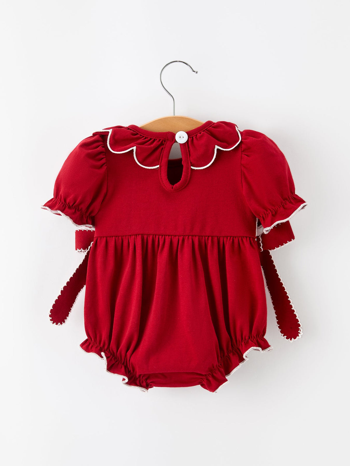 Red baby girl bubble romper back with scalloped white collar and round button closure