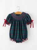 Girls plaid smocked bubble romper with red ribbon bows and ruffled hem