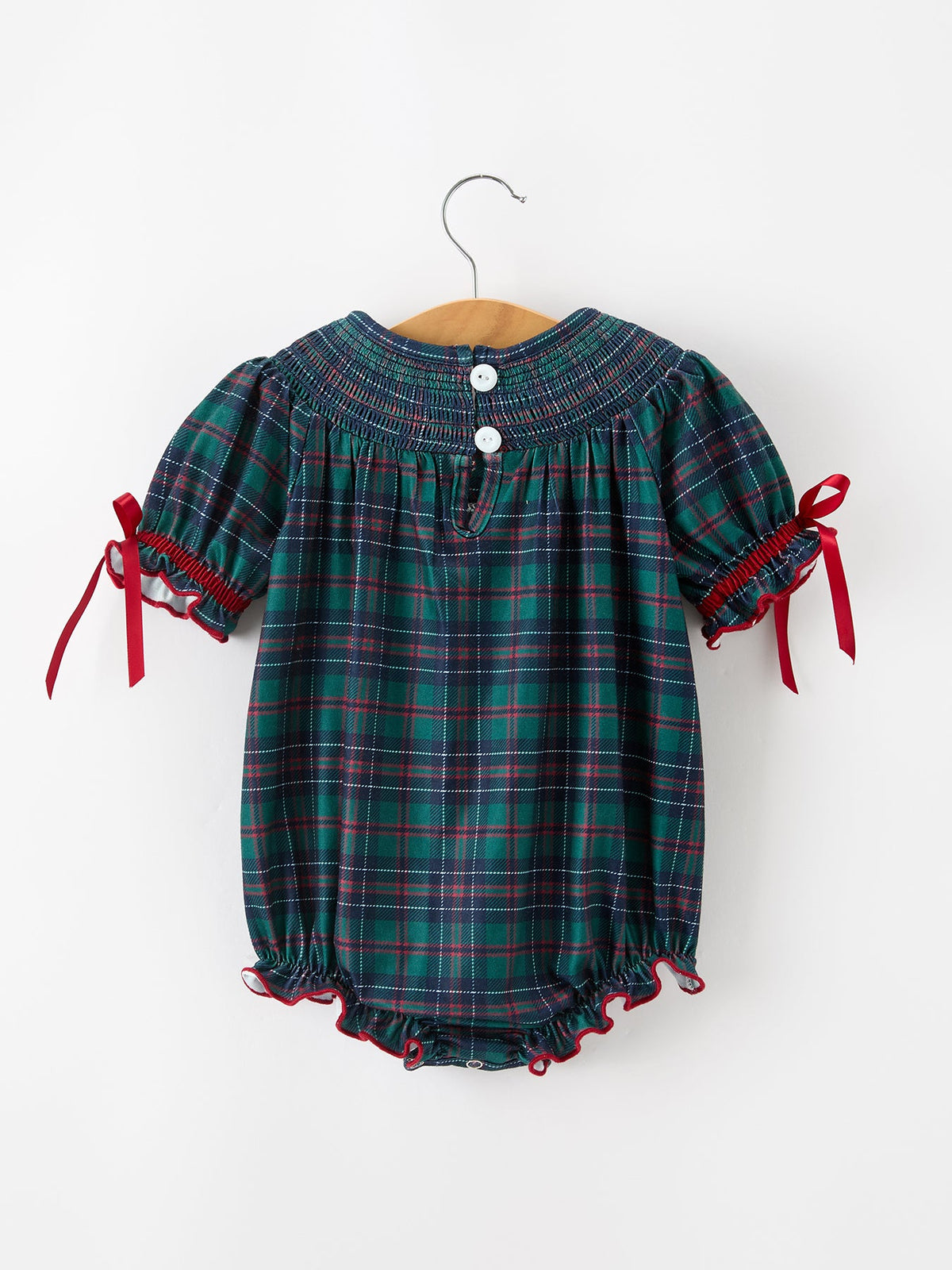 Girls plaid bubble romper with keyhole snap buttons and red-trim sleeves