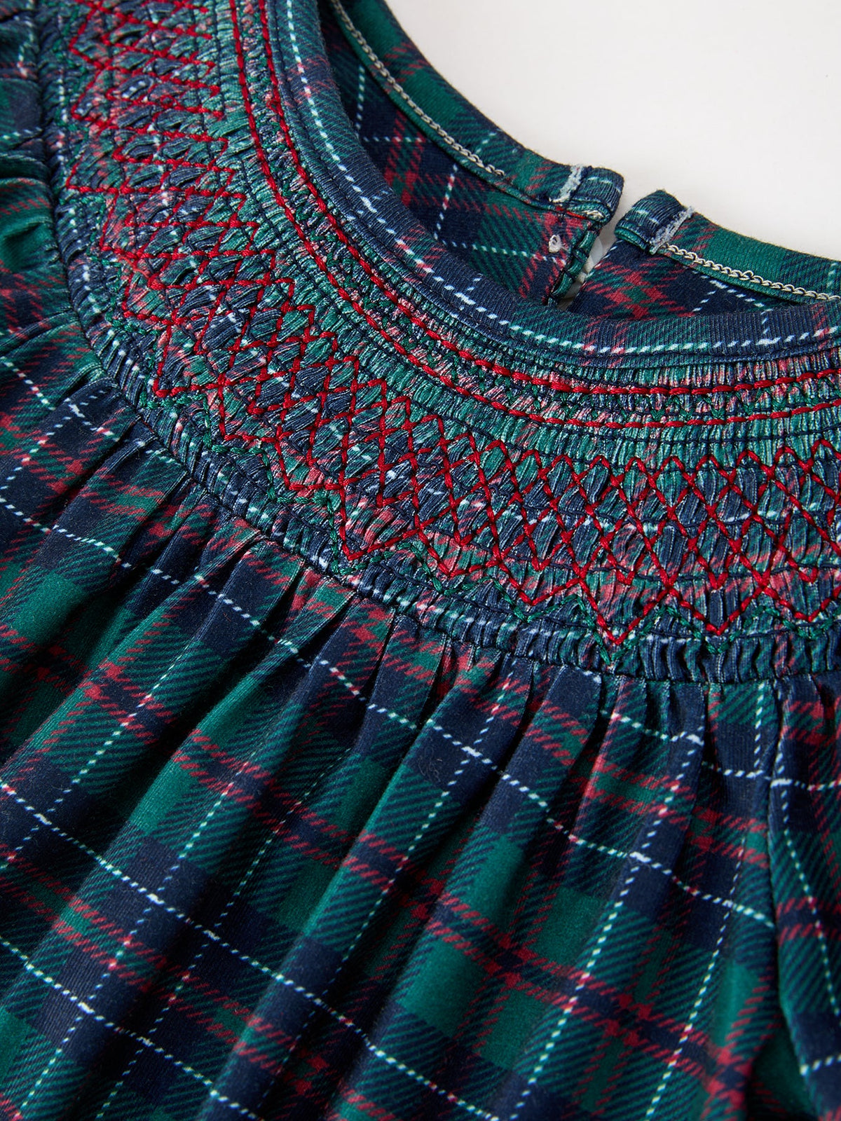 Girls plaid smocked yoke bubble romper detail, gathered neckline trim