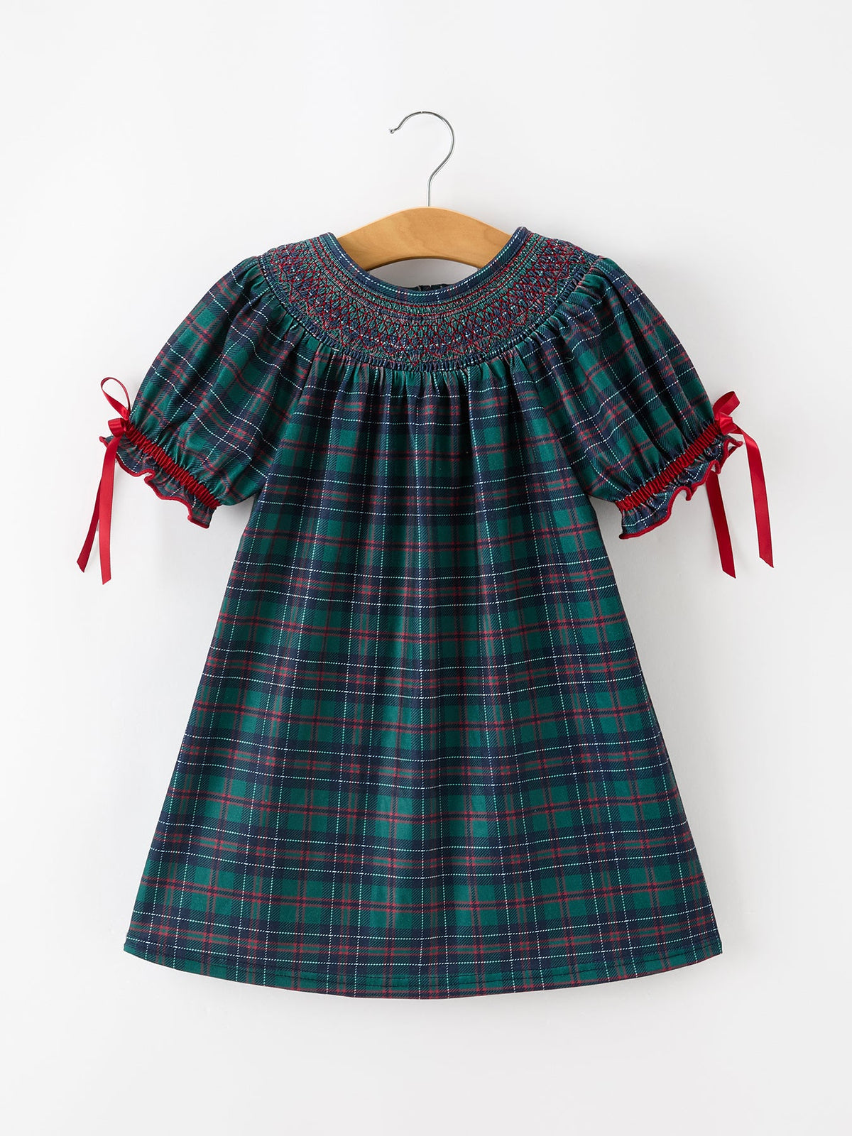 Plaid smocked dress with puff sleeves and red ribbon ties, teal and red check