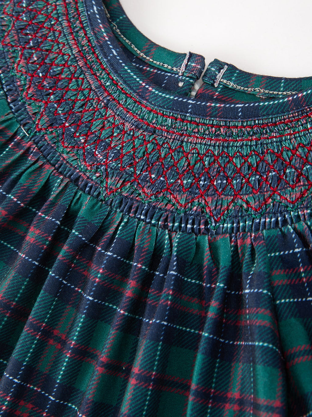 Smocked plaid yoke with ruffle trim, teal and red check pattern