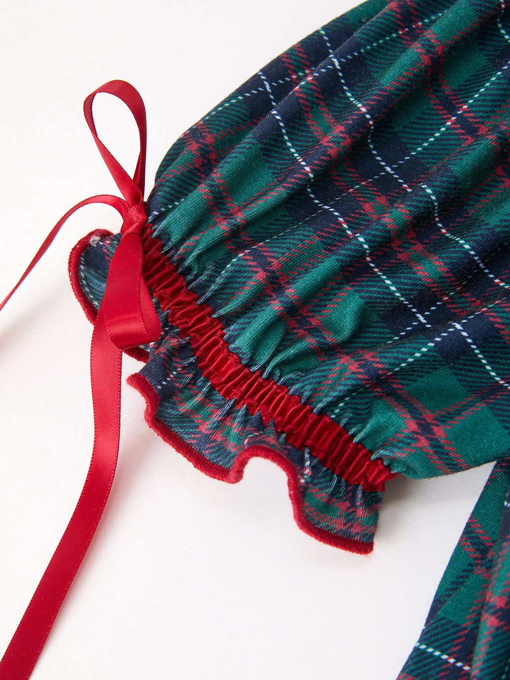 Teal and red plaid puff sleeve with smocked ruffle and red ribbon tie