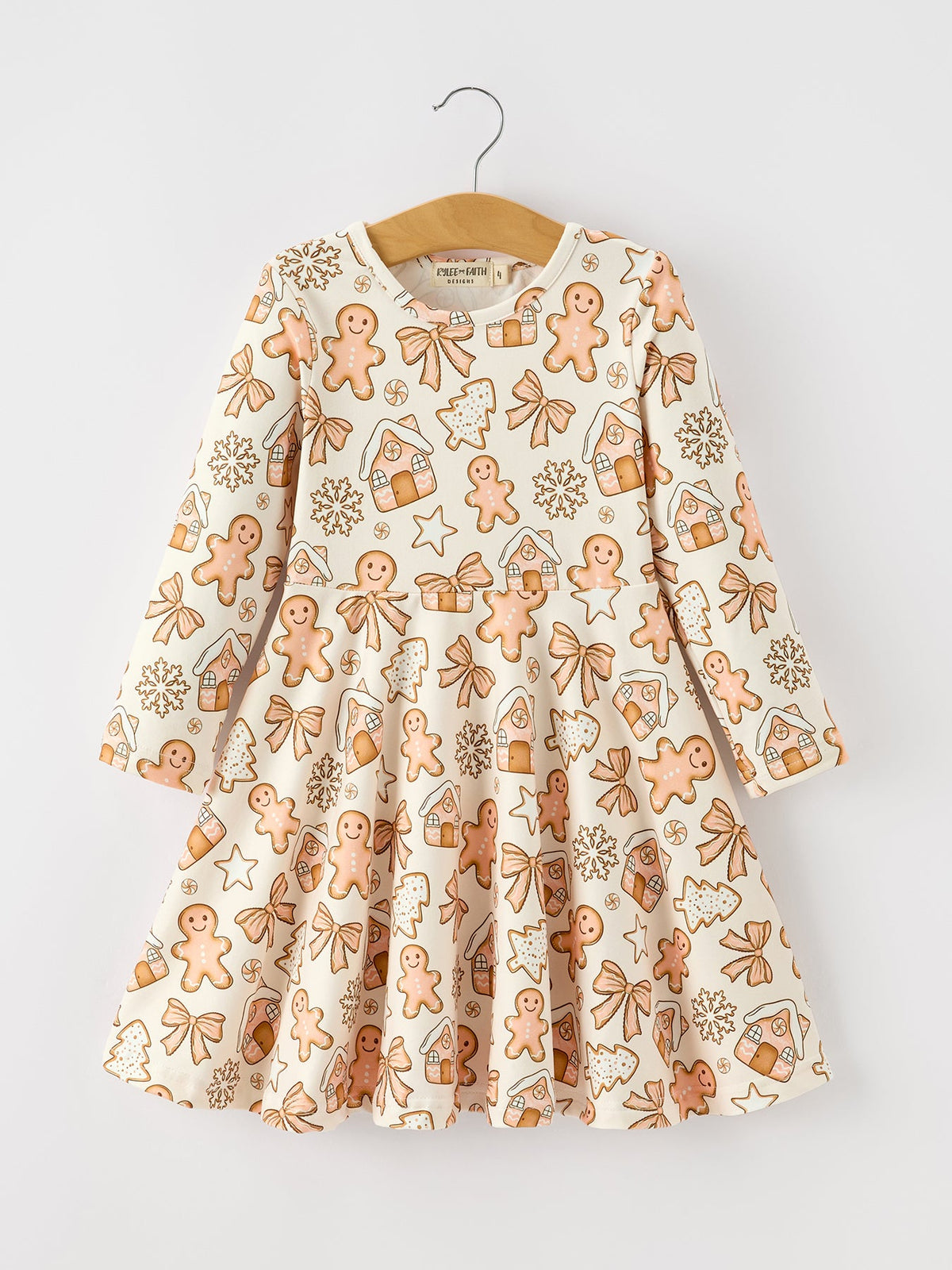 Girls long-sleeve twirl dress in cream with gingerbread cookie and candy cane print