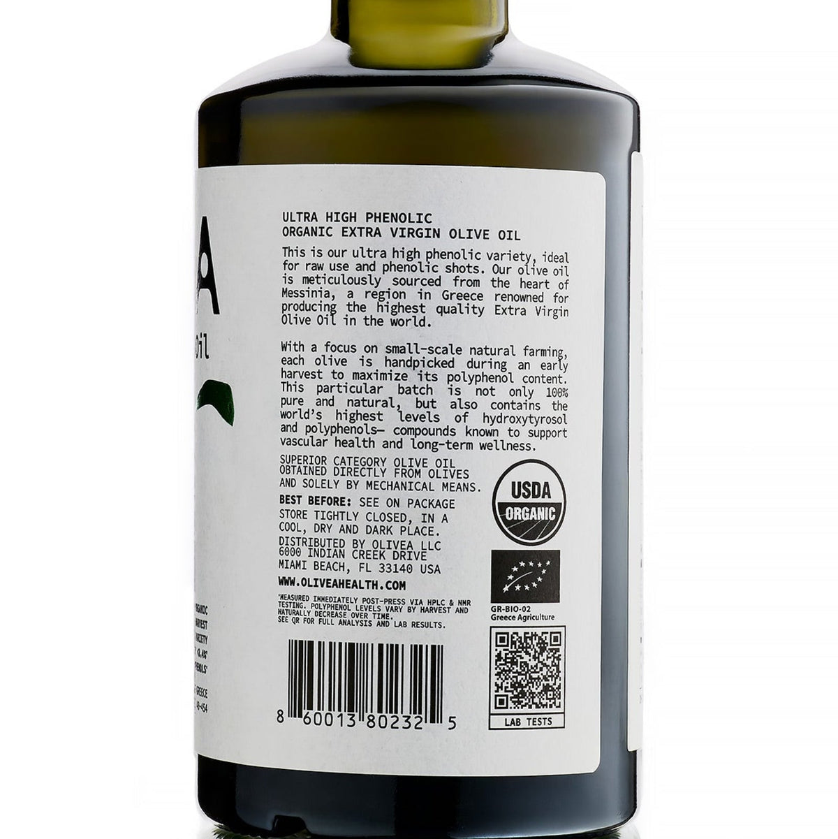 Extra virgin olive oil bottle back label with details and USDA organic seal
