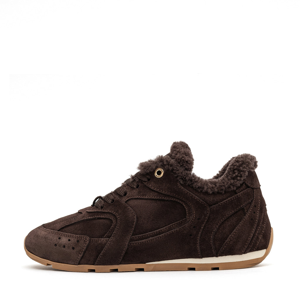 Brown suede shearling sneaker with lace-up closure and round eyelets