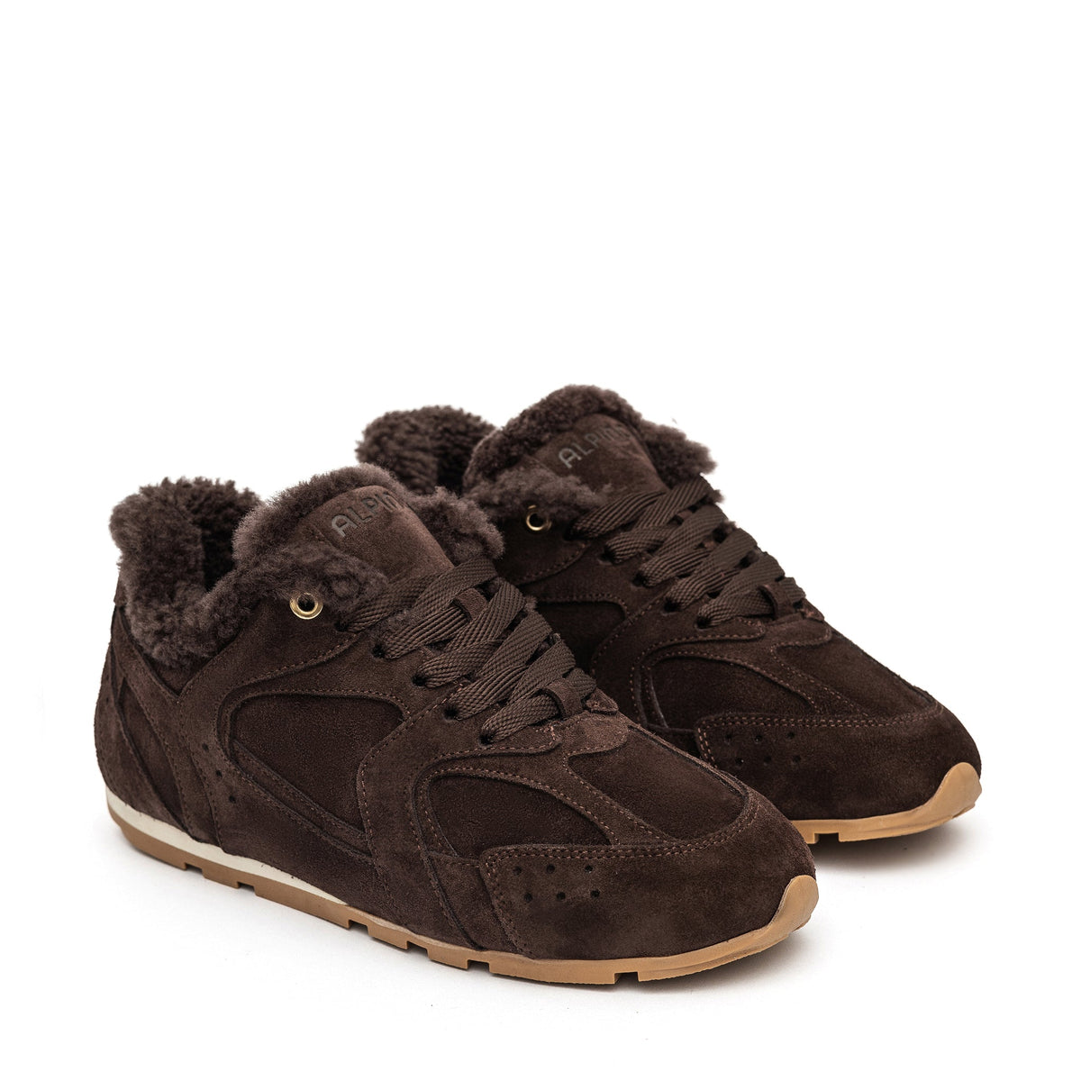 Brown suede shearling sneakers with eyelet lacing and tan rubber sole