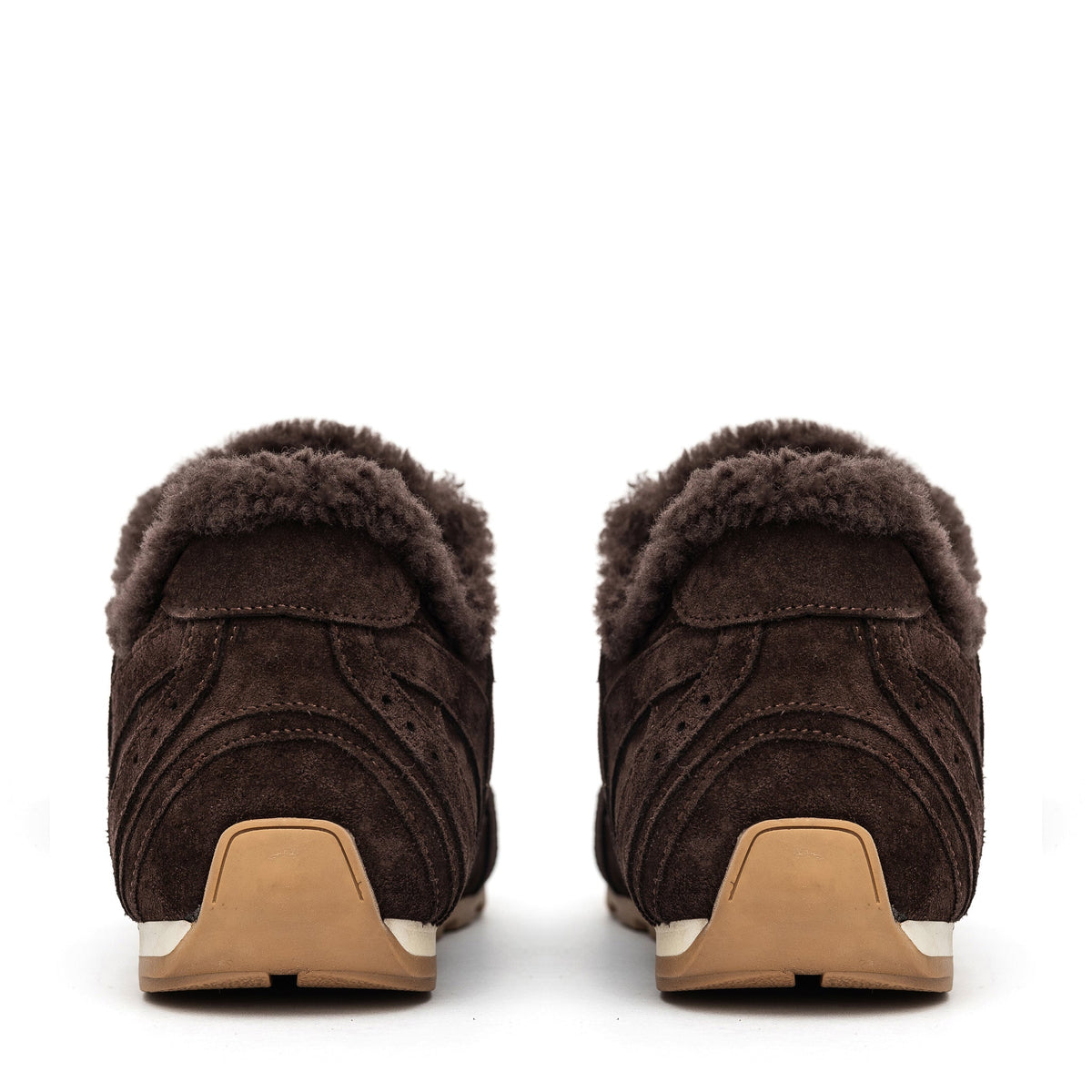Brown suede shearling sneakers, back view with tan heel and fuzzy collar