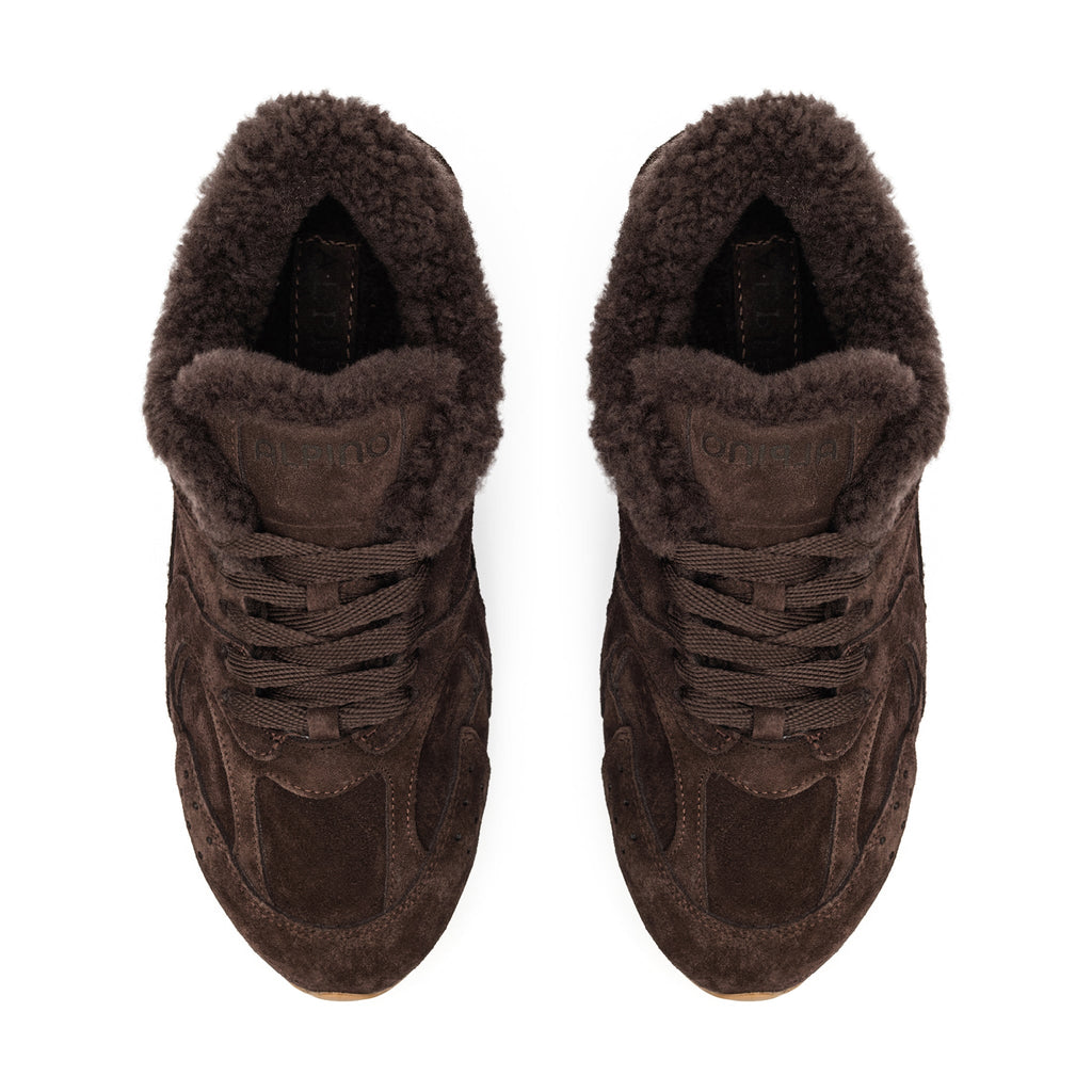 Brown suede shearling sneaker with lace-up front and fuzzy collar lining