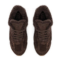 Brown suede shearling sneaker with lace-up front and fuzzy collar lining